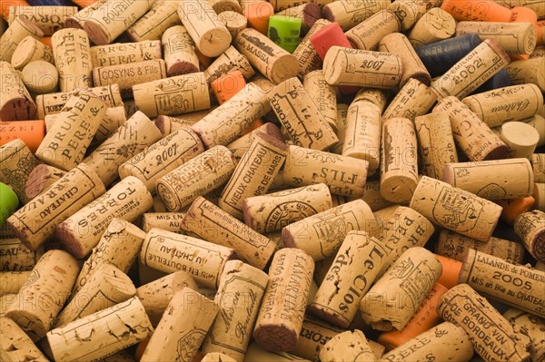 Pile of assorted natural oak and plastic wine bottle corks and stoppers of various vintage, Studio Composition, Quebec, Canada, North America