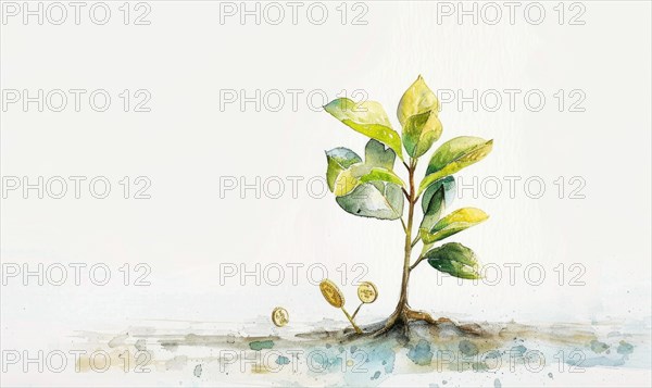 Tree sprout with coins growing from its buds, watercolor illustration on white background AI generated