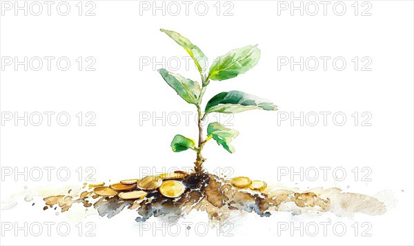 Watercolor illustration of a tree sprout with coins around it AI generated