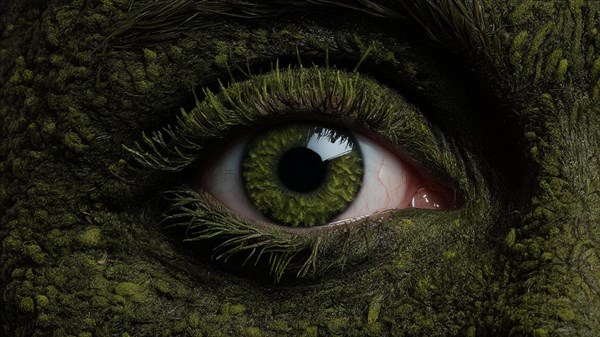 Close-up of an eye with mossy textures melding with greenery, moss growing and thriving, creating a mystical and enchanting effect, earth day concept, AI generated