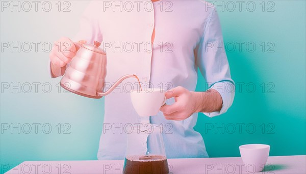 Bright image with a person pouring coffee from a gooseneck kettle into a filter on turquoise background, horizontal, AI generated