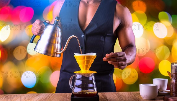 Sexy male Barista pouring hot water over coffee grounds with a vibrant bokeh background, horizontal, AI generated