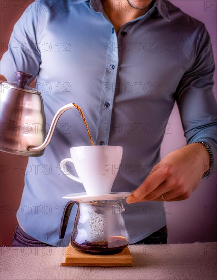 Methodical coffee preparation with a pour-over filter, warm atmospheric lighting, Vertical aspect ratio, AI generated