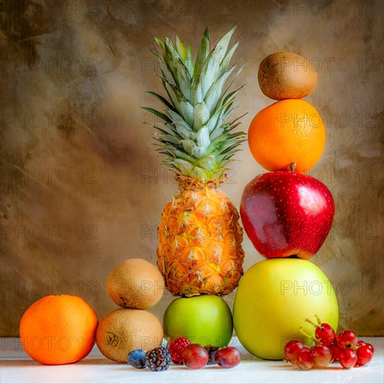 Colorful still life of various fruits with a pineapple as a centerpiece, textured backdrop, AI generated