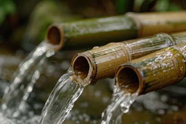 Water flowing through wooden bamboo pipes. KI generiert, generiert, AI generated