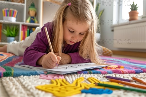 A pre-school girl lies on the floor and draws a picture with a pencil, AI generated, AI generated, AI generated