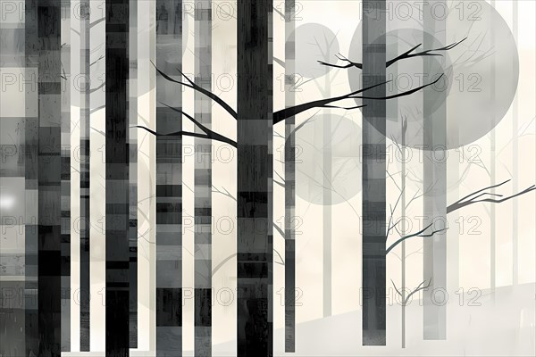 Stylized monochrome image of a calm forest with abstract trees, conveying a minimalist feel, illustration, AI generated
