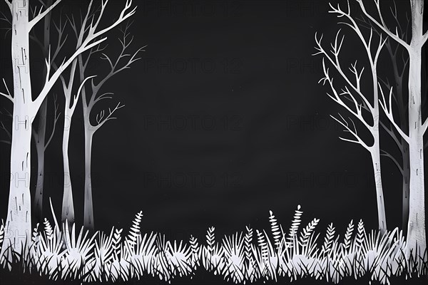 Silhouetted barren trees against a black background creating a stark, spooky atmosphere, illustration, AI generated