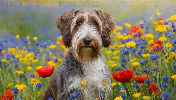 Ai generated, animal, animals, mammal, mammals, a, single animal, bobtail, (Canis lupus familiaris), dog, dogs, bitch, dog breed from England, a single animal, flower meadow