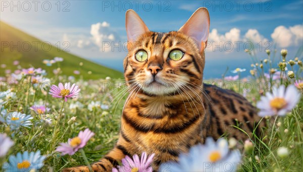 KI generated, animal, animals, mammal, mammals, cat, felidae (Felis catus), a cat lying in a meadow, spring