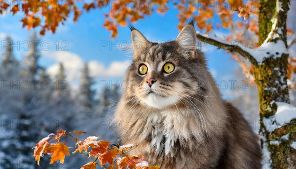 AI generated, animal, animals, mammal, mammals, cat, felidae (Felis catus), American Forest Cat, sitting in a tree, autumn, autumn leaves, snow, onset of winter