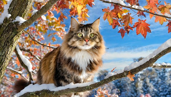 AI generated, animal, animals, mammal, mammals, cat, felidae (Felis catus), a colourful American Forest Cat, sitting in a tree, autumn, autumn leaves, snow, onset of winter