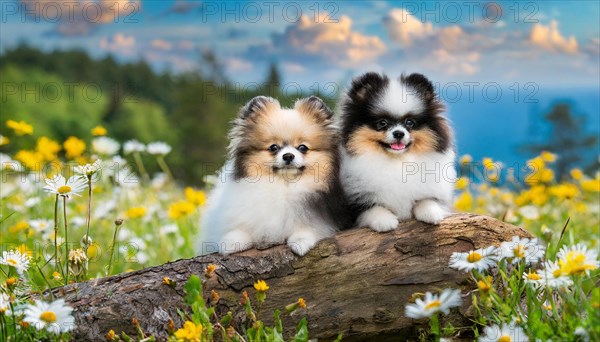 KI generated, animal, animals, mammal, mammals, one, single animal, dwarf spitz, Spitz, (Canis lupus familiaris), dog, dogs, bitch, Pomeranians, two colourful puppies lying on a tree trunk, autumn