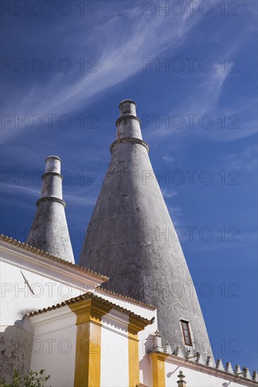 Inner courtyard architectural details and the chimney stacks at the National Palace of Sintra, Sintra, Portugal, Europe