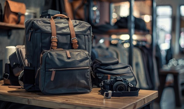 Backpack and camera on a wooden table, suggesting travel or photography themes AI generated