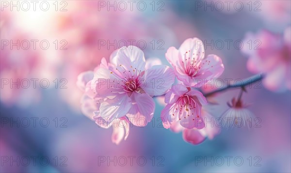 Blooming cherry blossom tree, closeup view, selective focus, bokeh AI generated