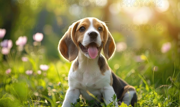 Happy Beagle puppy with floppy ears enjoying a sunny day in the garden AI generated