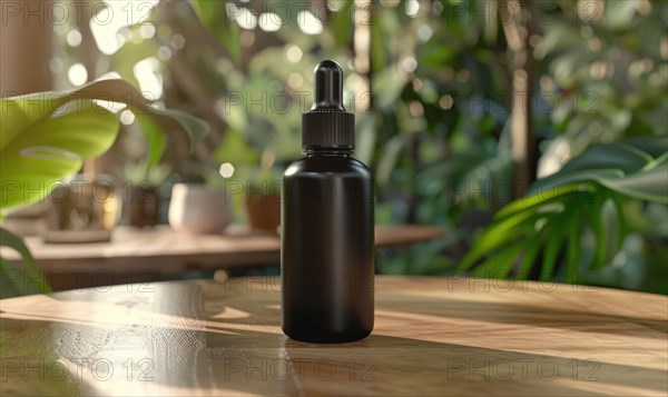 Matte black glass bottle mockup housing a premium quality beard oil enriched with natural oils and vitamins AI generated