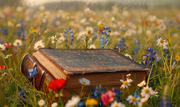 Old book lying on a grassy knoll surrounded by wildflowers AI generated