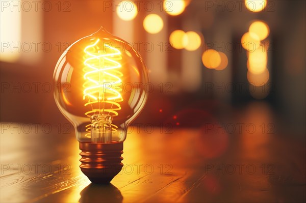 A captivating image capturing a glowing Edison bulb on a wooden surface, with the intricate filament illuminated. The warm light creates a serene atmosphere, complemented by bokeh lights in the background, AI generated