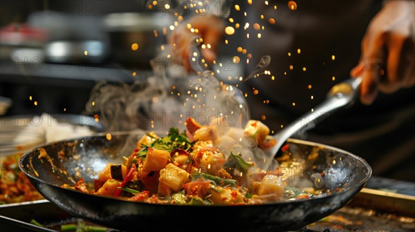 Indian chaat. A dynamic culinary scene capturing a chef skillfully tossing a vibrant stir fry in a hot pan, mid-motion, AI generated