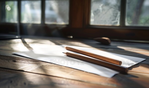 Graphite pencils and white paper illuminated by natural through a window AI generated