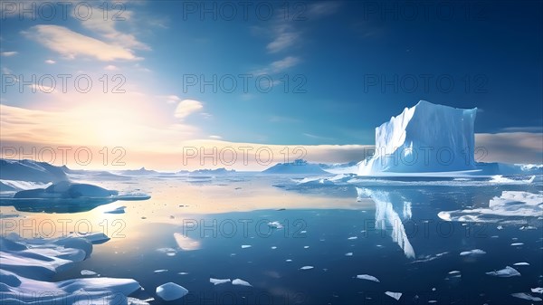 Antarctic ice shelf stretching to the horizon juxtaposed by towering icebergs, AI generated