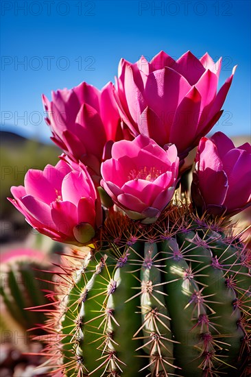 Prickly pear cactus blossoms in vibrant pink in the chihuahuan desert, AI generated