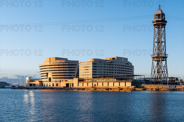 View of the old harbour and the cable car in Barcelona, Spain, Europe