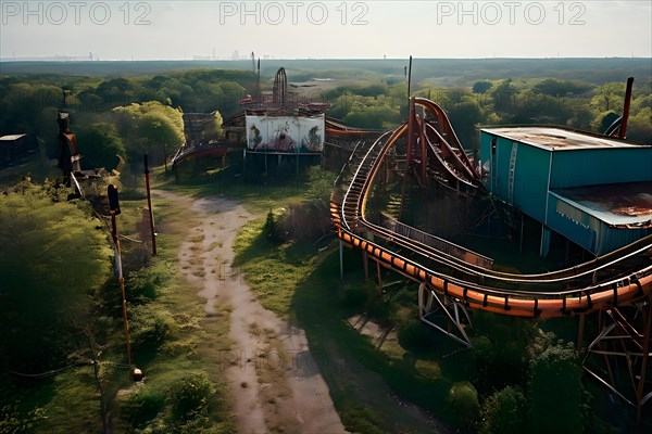 Aerial view of a bandoned amusement park overgrown with vegetation and rusting roller coasters, AI generated