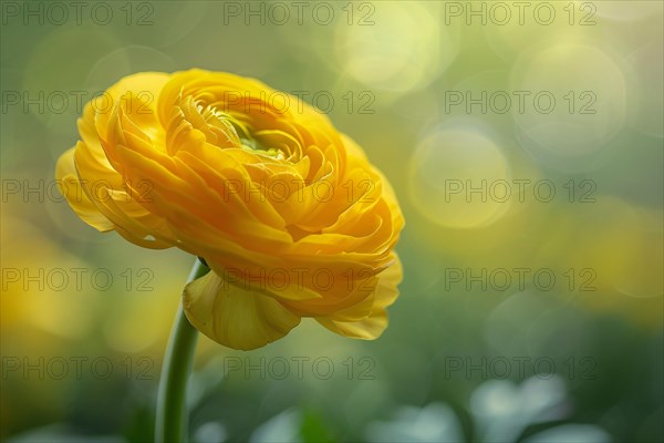 Single yellow Ranunculus flower on blurry background with copy space. KI generiert, generiert, AI generated