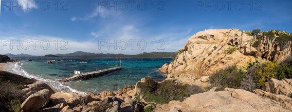 Rock formations, jetty leading into the sea, panoramic shot, Capriccioli beach, Costa Smeralda, Sardinia, Italy, Europe