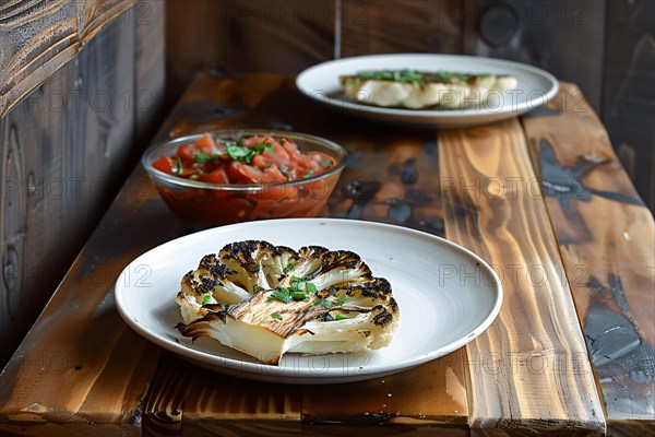 Rustic plates with grilled cauliflower and white cabbages, served with tomato sauce, AI generated