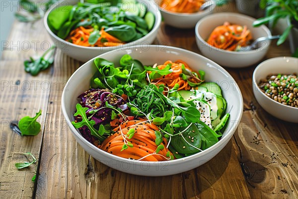 Vibrant green salad with carrots, spinach and seeds, embodying a healthy lifestyle, AI generated