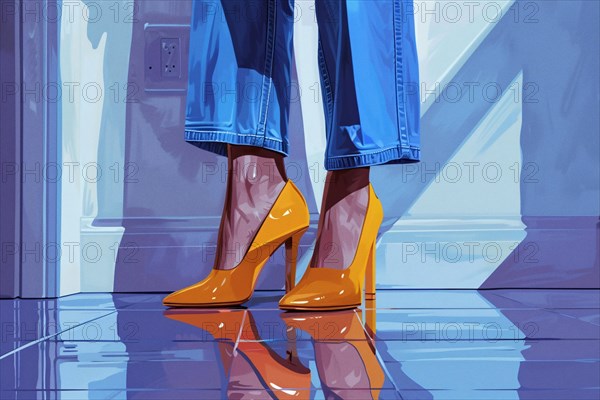 Fashion illustration of a woman in blue jeans and orange heels with a reflective floor, AI generated