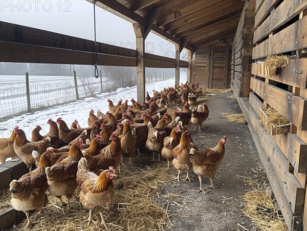 Free-range hens in a straw-lined coop during winter, with a snow-covered fence, AI generiert, AI generated