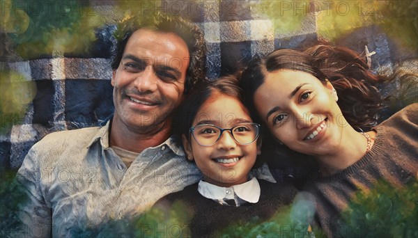 Happy family lying on a picnic blanket outdoors with a bokeh effect, AI generated