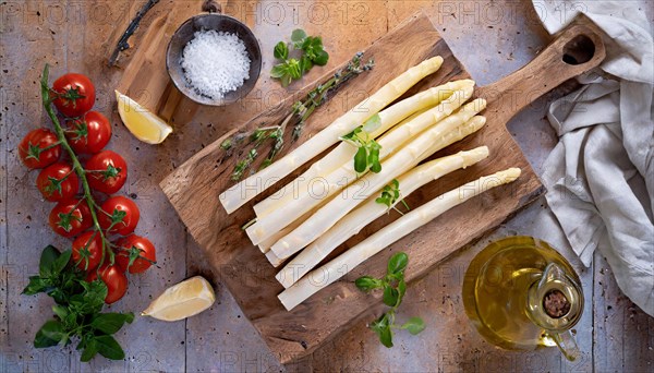 An arrangement of white asparagus on a board with ingredients for cooking on a rustic background, fresh white asparagus, KI generated, AI generated