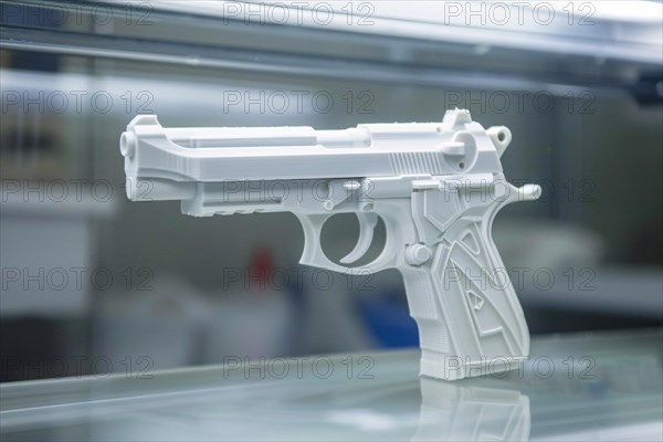 White gun printed in 3D printer. KI generiert, generiert, AI generated