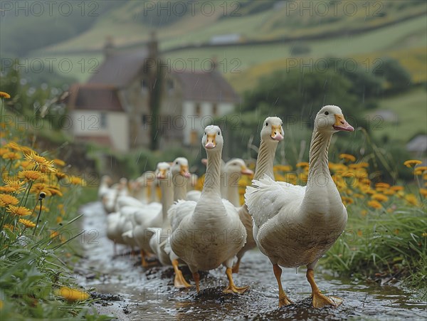 Geese wading through shallow water with a misty village and green hills behind, AI generated, AI generated, AI generated