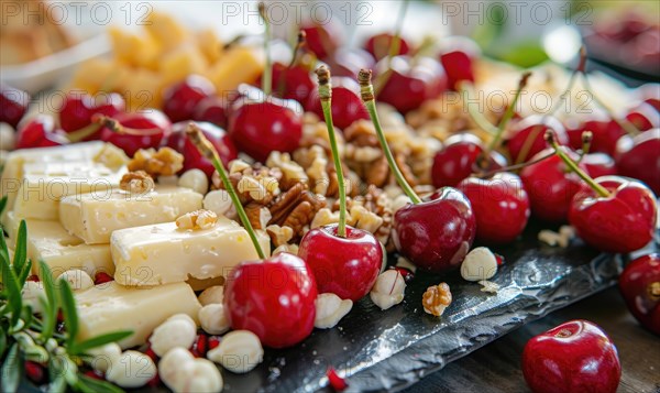 Ripe cherries arranged on a platter with cheese and nuts AI generated