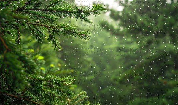 Closeup view on cedar branch in rain drops, bokeh background AI generated