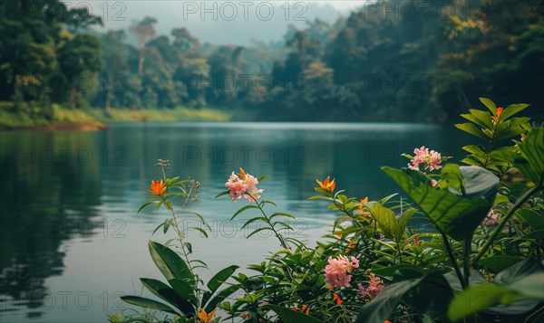 The lake surrounded by lush greenery and blooming flowers in the height of summer, summer nature landscape AI generated