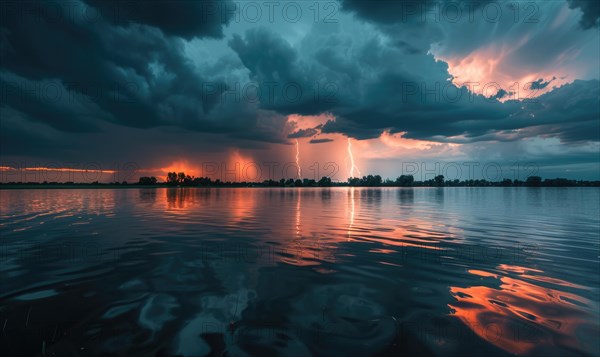 A dramatic stormy sky looming over the horizon, with dark clouds and flashes of lightning reflected in the waters of a lake AI generated