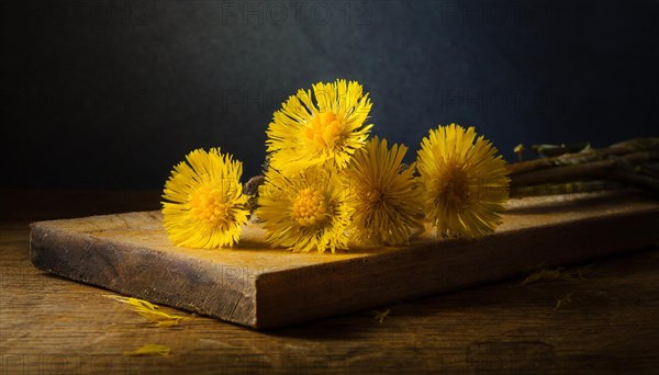 The photo shows yellow coltsfoot flowers arranged on a wooden background with shade, medicinal plant coltsfoot, Tussilago farfara, KI generated, AI generated