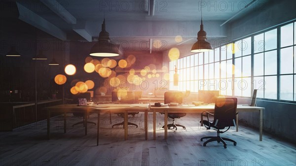 Office illuminated by pendant lights with reflective surfaces and lens flare at dusk, horizontal, AI generated