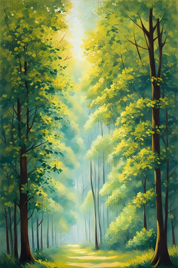 AI generated illustration of tranquil woodland composition awash in layers of diverse green tones sunlight spiraling and flickering