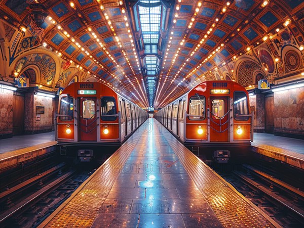 Zwei U-Bahnen an einer prachtvoll dekorierten Station mit auffaelliger Beleuchtung und Design, Lifestyle in Paris, Frankreich, AI generiert, AI generated