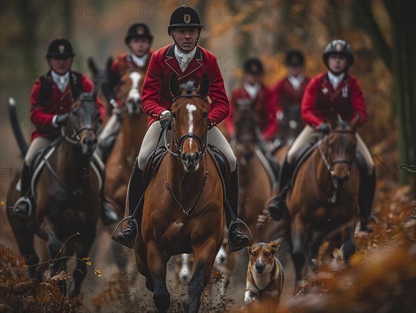 Traditional fox hunting with traditional clothing in England on horseback with dogs over hill and dale, AI generated