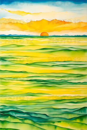 AI generated abstract painting of grasslands under a blazing sunset waves of greens